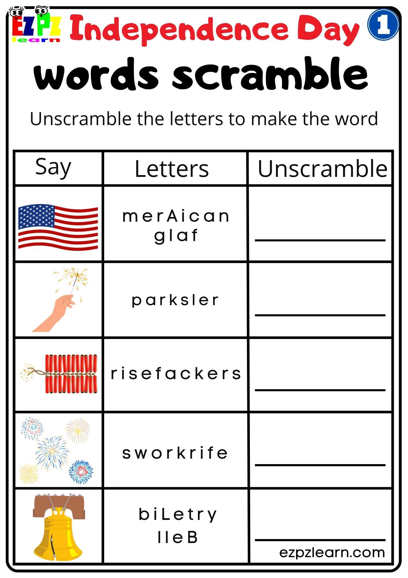 Word Scramble Worksheet for Independence Day Group 1